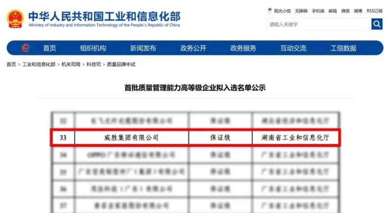 喜訊｜威勝集團榮膺工信部首批質量管理能力高等級企業湖南省首家上榜企業彰顯實力